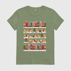 Футболка хлопковая женская Капибара зимой на Новый год, цвет: авокадо