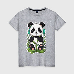 Футболка хлопковая женская Медвежонок панды в наушниках, цвет: меланж