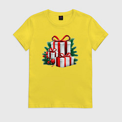 Футболка хлопковая женская Рождественский подарок, цвет: желтый