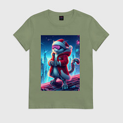 Футболка хлопковая женская Кибер котик в костюме Санты Клауса, цвет: авокадо