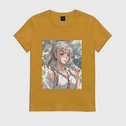 Футболка хлопковая женская Девушка блондинка, цвет: горчичный