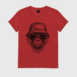 Футболка хлопковая женская Шимпанзе в панаме и очках, цвет: красный