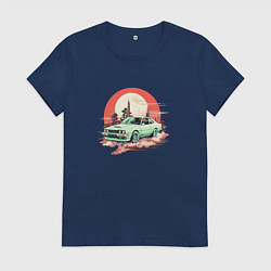 Футболка хлопковая женская Старое авто на оранжевом небесном фоне, цвет: тёмно-синий