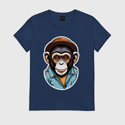 Футболка хлопковая женская Портрет обезьяны в шляпе, цвет: тёмно-синий