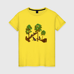 Футболка хлопковая женская Медведи в сосновом лесу, цвет: желтый
