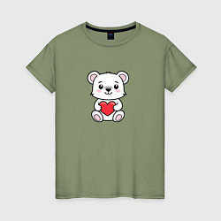 Футболка хлопковая женская Белый медвежонок с сердечком, цвет: авокадо
