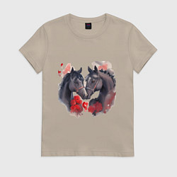 Футболка хлопковая женская Влюбленные вороные лошади, цвет: миндальный