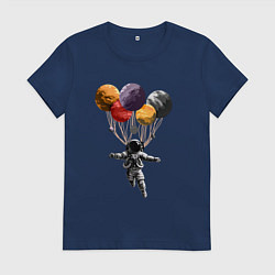 Футболка хлопковая женская Космонавт в космосе парит на планетах, цвет: тёмно-синий