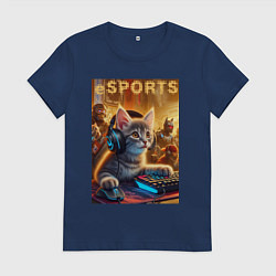 Футболка хлопковая женская Прикольный котёнок - киберспорт, цвет: тёмно-синий