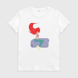 Футболка хлопковая женская Русалочка сидит на камне - минимализм, цвет: белый