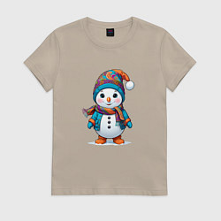 Футболка хлопковая женская Снеговик в шапочке и с шарфом, цвет: миндальный