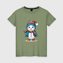 Футболка хлопковая женская Снеговик в шапочке и с шарфом, цвет: авокадо