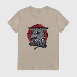 Футболка хлопковая женская Японский ворон самурай, цвет: миндальный