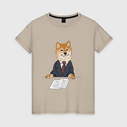 Футболка хлопковая женская Деловой сиба ину, мем, цвет: миндальный