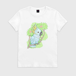 Футболка хлопковая женская Забавный попугай какаду, цвет: белый