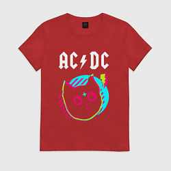 Футболка хлопковая женская AC DC rock star cat, цвет: красный