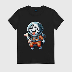 Футболка хлопковая женская Dalmatian cosmonaut puppy with a bone, цвет: черный
