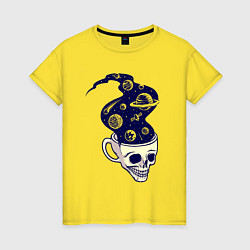 Футболка хлопковая женская Dead drink space skull, цвет: желтый