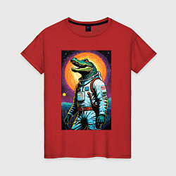 Футболка хлопковая женская Крокодил космонавт - нейросеть, цвет: красный