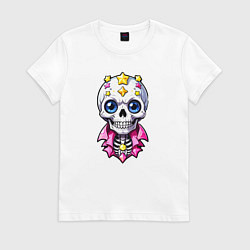Футболка хлопковая женская Скелет в розовой рубахе, цвет: белый