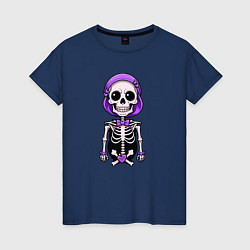 Футболка хлопковая женская Скелет с бабочкой фиолетовый, цвет: тёмно-синий