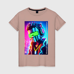 Футболка хлопковая женская Minecraft and cyberpunk - collaboration ai art, цвет: пыльно-розовый