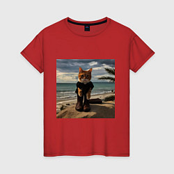 Футболка хлопковая женская Пляжный котик, цвет: красный