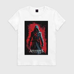 Футболка хлопковая женская Assassins creed на фоне красной стены, цвет: белый