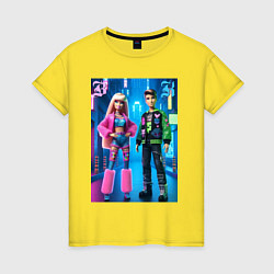 Футболка хлопковая женская Барби и Кен в ночном городе - нейросеть, цвет: желтый