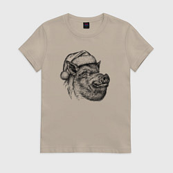 Футболка хлопковая женская Кабан новогодний, цвет: миндальный