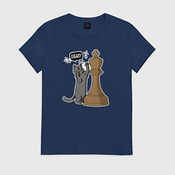 Футболка хлопковая женская Кот Джексон и шахматный король, цвет: тёмно-синий