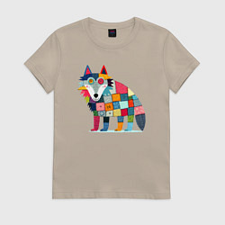 Футболка хлопковая женская Funny wolf - patchwork ai art, цвет: миндальный