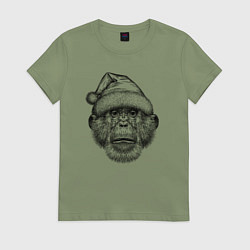 Футболка хлопковая женская Шимпанзе Дед Мороз, цвет: авокадо