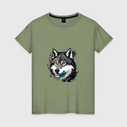 Женская футболка Портрет волка с брызгами краски