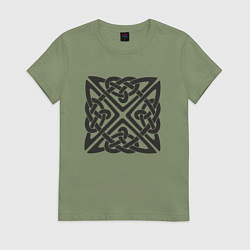 Футболка хлопковая женская Квадратный кельтский черный узор, цвет: авокадо
