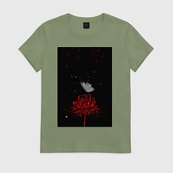 Футболка хлопковая женская Паучья лилия и бабочки, цвет: авокадо