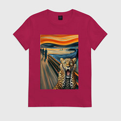 Футболка хлопковая женская Леопард кричит - мем картина от нейросети, цвет: маджента
