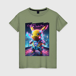 Футболка хлопковая женская Cyber Pikachu - neon glow ai art fantasy, цвет: авокадо