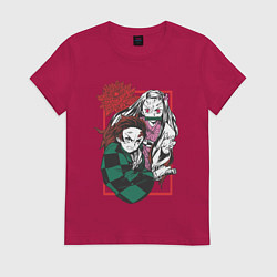 Футболка хлопковая женская Клинок рассекающий демонов Незуко и Тандзиро цвето, цвет: маджента
