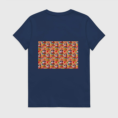 Женская футболка Коты и летний вайб паттерн / Тёмно-синий – фото 2