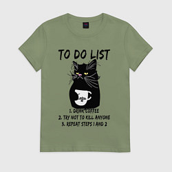 Футболка хлопковая женская Черный кот и список дел, цвет: авокадо