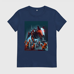 Футболка хлопковая женская Кибер бультерьер защищает белок - нейросеть, цвет: тёмно-синий