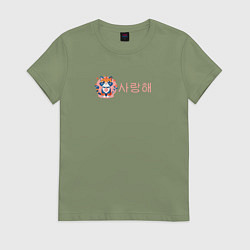 Футболка хлопковая женская Саранхэ кот- Я тебя люблю на корейском языке, цвет: авокадо