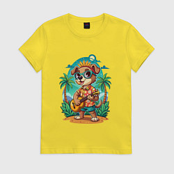 Футболка хлопковая женская Щенок играет на гитаре жарким летом, цвет: желтый