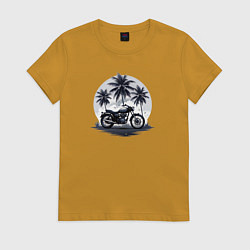 Футболка хлопковая женская Мотоцикл на фоне пальм, цвет: горчичный