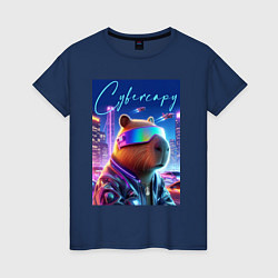 Футболка хлопковая женская Cyber capybara - neon metropolis, цвет: тёмно-синий