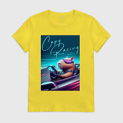 Футболка хлопковая женская Капибара гонщик - нейросеть, цвет: желтый