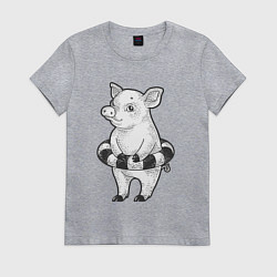 Футболка хлопковая женская Поросёнок в спасательном круге, цвет: меланж