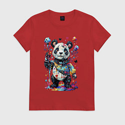 Футболка хлопковая женская Пандочка акварельная, цвет: красный