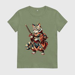 Футболка хлопковая женская Кот ниндзя - японский воин, цвет: авокадо